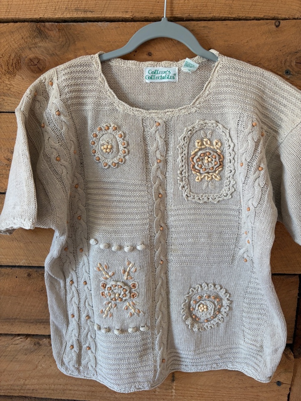 Vintage Cream Beaded & Embroidered Short-Sleeve Knit Sweater